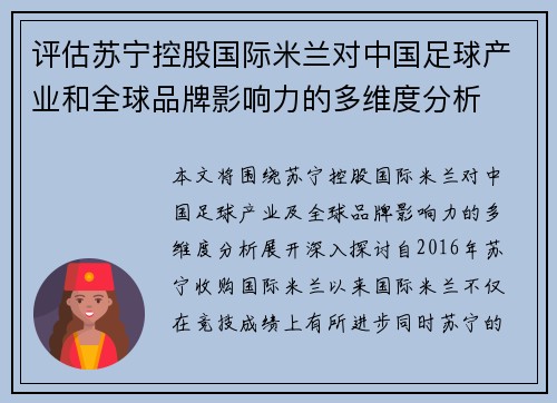 评估苏宁控股国际米兰对中国足球产业和全球品牌影响力的多维度分析