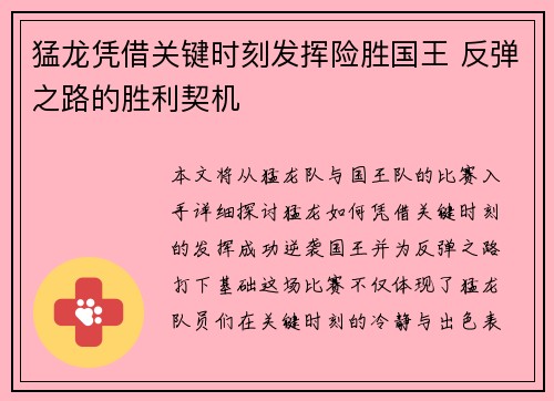 猛龙凭借关键时刻发挥险胜国王 反弹之路的胜利契机
