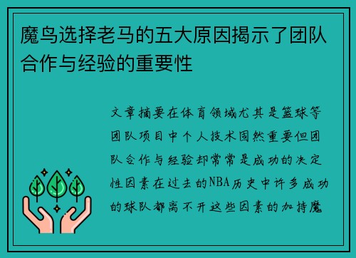 魔鸟选择老马的五大原因揭示了团队合作与经验的重要性 魔鸟选择老马的五大原因揭示了团队合作与经验的重要性